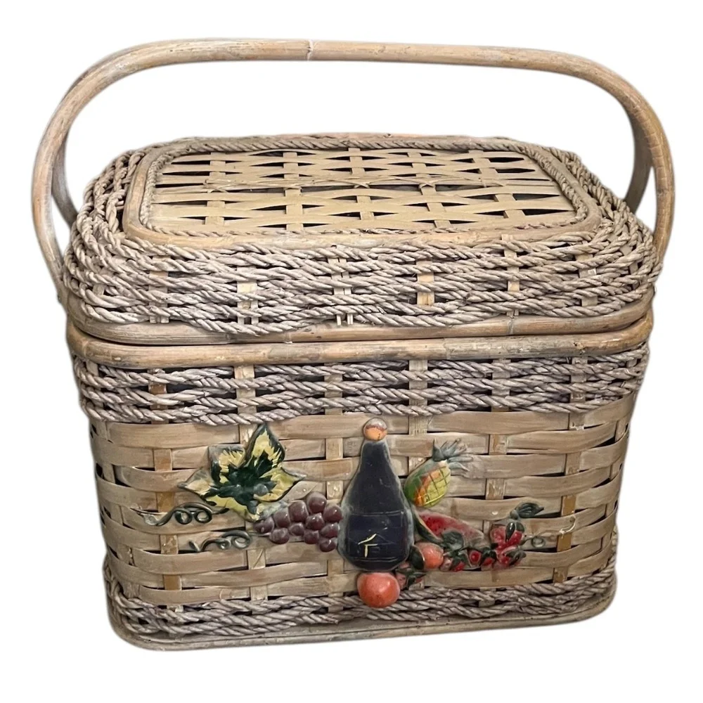 Vintage Large Pastel Rattan Picnic Basket with handles & food blanket